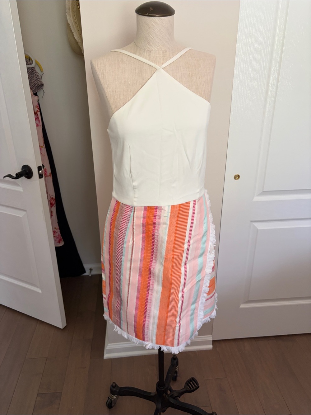 White Halter Mini Dress with Orange & Pink Striped Skirt